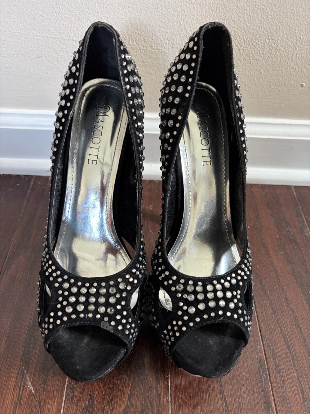 Dazzling Black Mascotte Crystal Embellished Peep-Toe Heels - Sz 8.5M